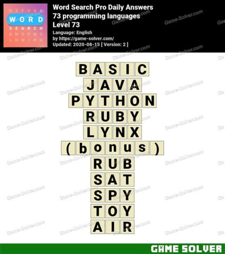 Word Search Pro 73 programming languages Answers • Game Solver